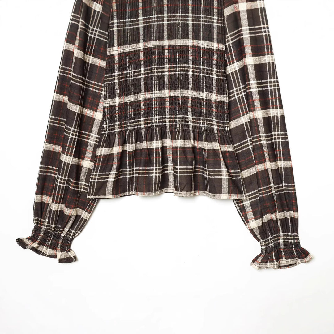 Damen Bluse mit Smok-Detail, Rüschenkragen und Volumenärmeln Drune