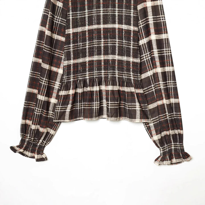 Damen Bluse mit Smok-Detail, Rüschenkragen und Volumenärmeln Drune