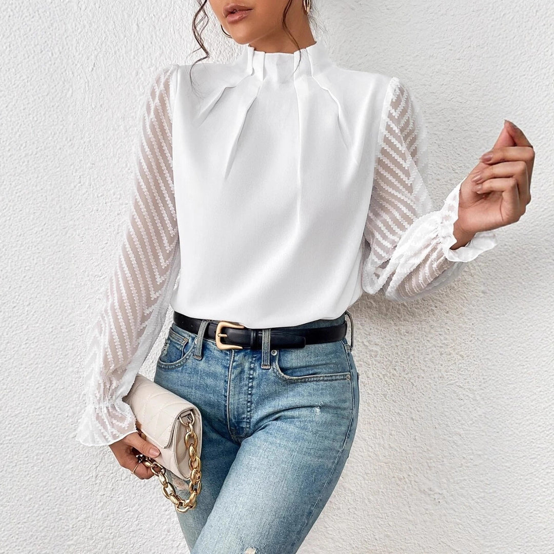 Damen elegante Bluse mit strukturierten Ärmeln und hohem Kragen Drune