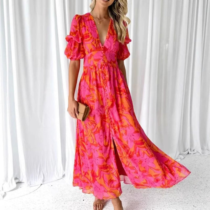 Damen Maxikleid mit floralem Print und tiefem V-Ausschnitt Drune