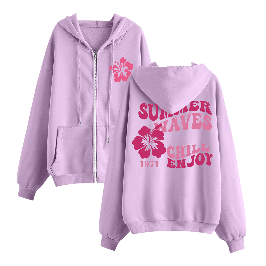Damen nan entspannter Zip-Hoodie mit tropischem Hibiskus-Print, Kängurutaschen und gerippten Bündchen Drune