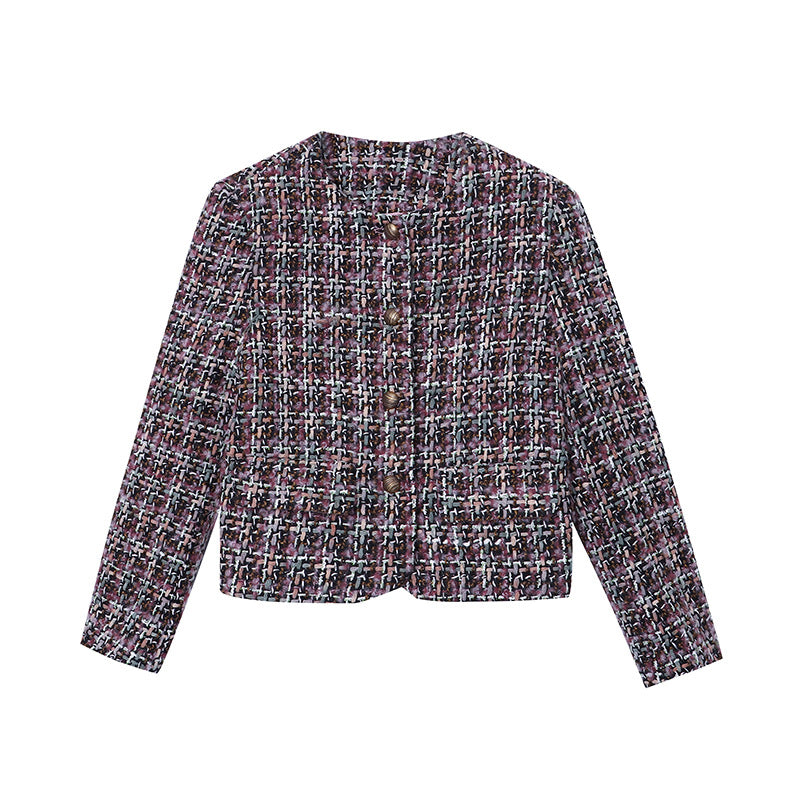Damen eleganter Boucle-Jacke mit strukturiertem Stoff und Symbolknöpfen Drune