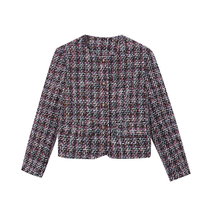 Damen eleganter Boucle-Jacke mit strukturiertem Stoff und Symbolknöpfen Drune