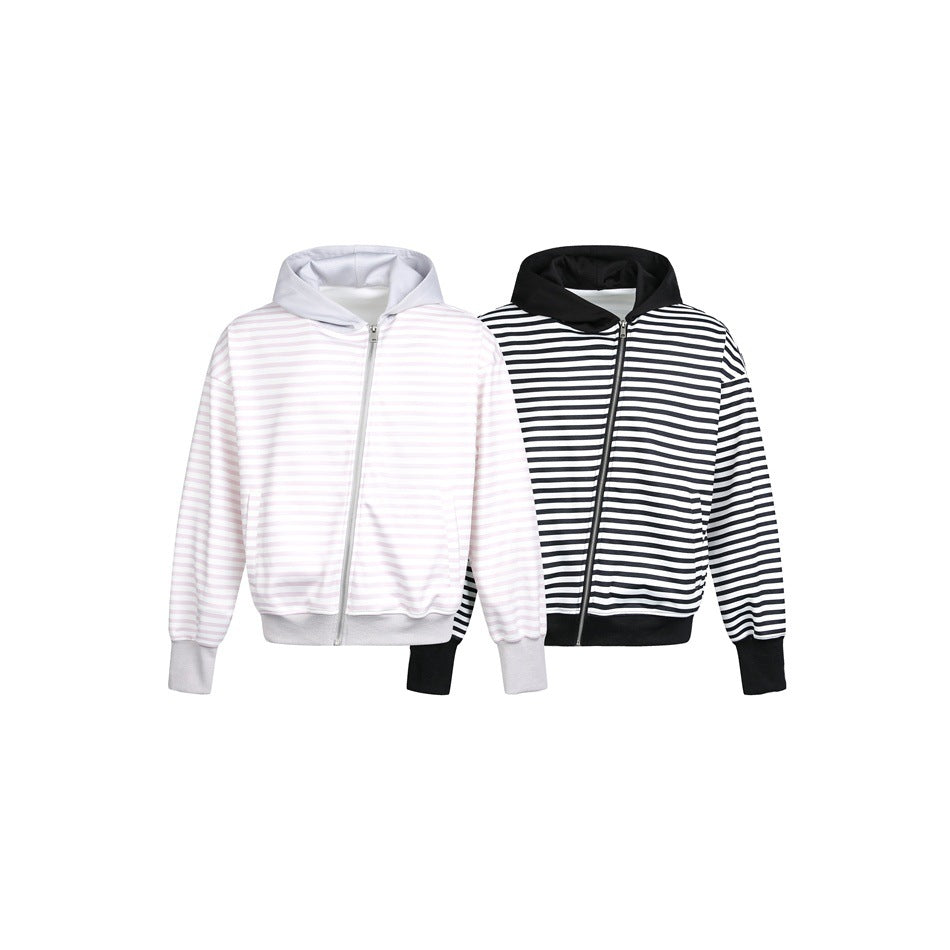 Damen Gestreifte Kapuzen-Zipjacke im Boxy‑Cut mit Rippbündchen und verdeckten Nahttaschen Drune