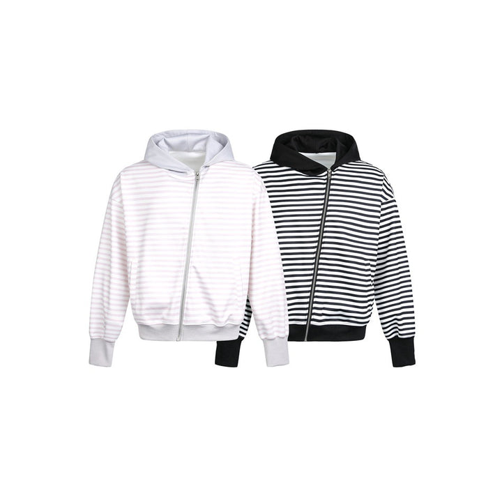 Damen Gestreifte Kapuzen-Zipjacke im Boxy‑Cut mit Rippbündchen und verdeckten Nahttaschen Drune