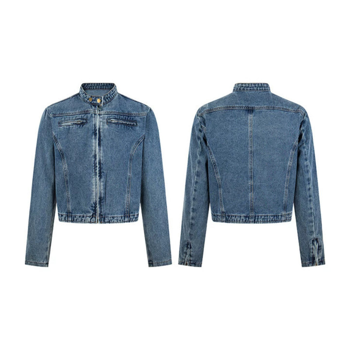 Damen Kurz geschnittene taillierte Jeansjacke mit Stehkragen und verdecktem Reißverschluss Drune