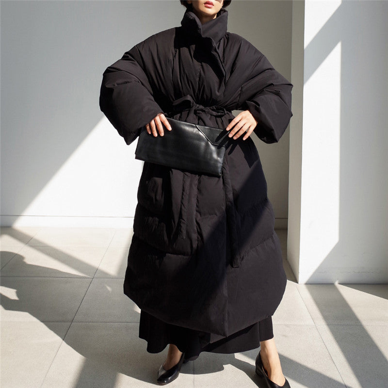 Damen Oversized Steppmantel Maxi mit hohem Stehkragen, Bindegürtel und winddichter Füllung Drune