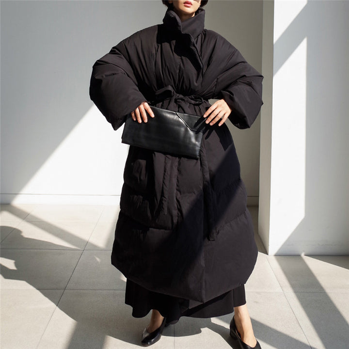 Damen Oversized Steppmantel Maxi mit hohem Stehkragen, Bindegürtel und winddichter Füllung Drune