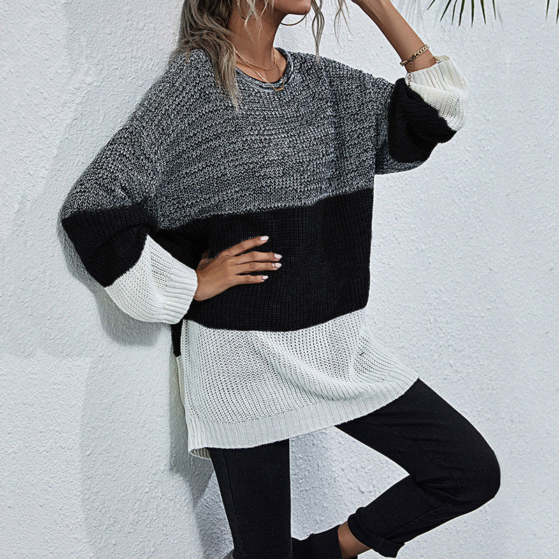Damen Longline-Grobstrickpullover mit Farbbalken, Rundhalsausschnitt und leicht überschnittener Schulter Drune