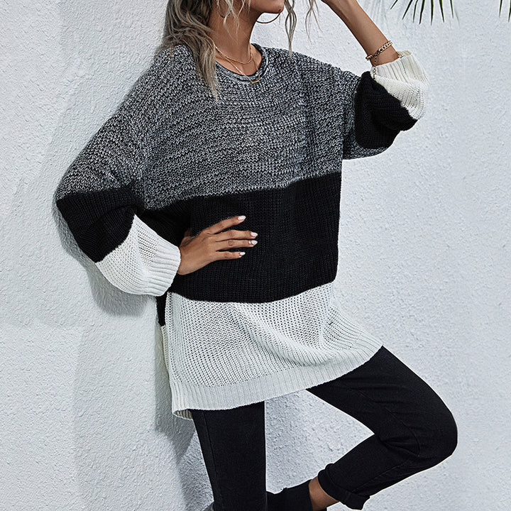Damen Longline-Grobstrickpullover mit Farbbalken, Rundhalsausschnitt und leicht überschnittener Schulter Drune