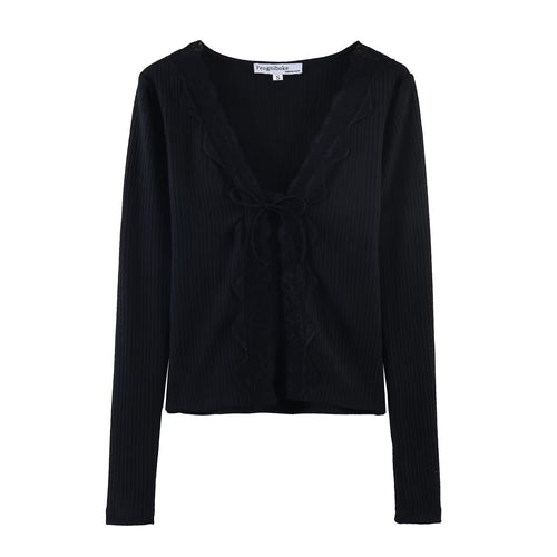 Damen Geripptes Cropped-Langarmtop mit Spitzen-V-Ausschnitt und Bindeband Drune