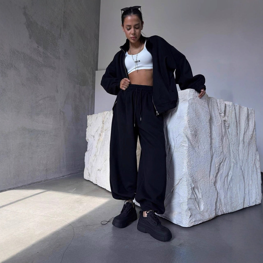 Damen oversized Sweatset mit Reißverschlussjacke und weiten Jogginghose Drune
