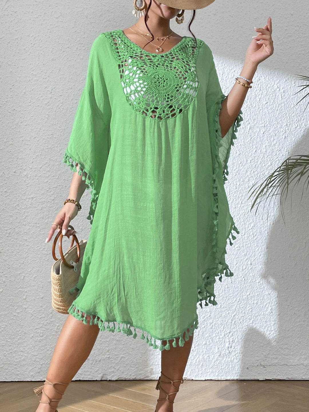 Damen Strandtunika mit elegantem Häkelmuster und fransigen Details Drune