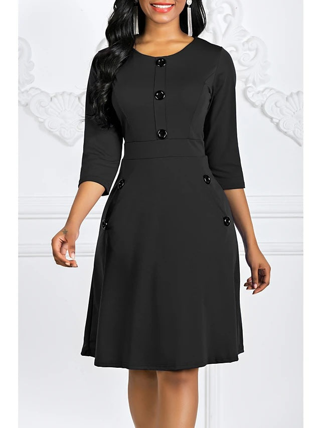 Damen Elegantes knieumspielendes Kleid mit Schmuckknöpfen und 3/4-Ärmeln Drune