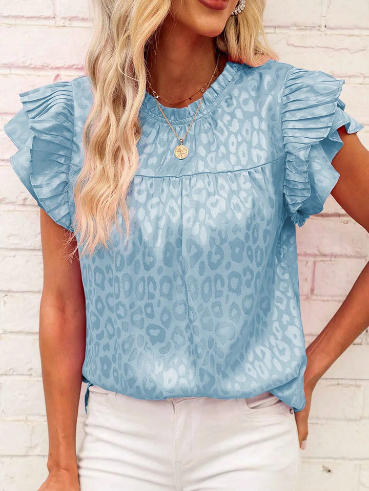Damen Satinbluse mit Jacquard-Leoprint und gestuften Plissee-Volantärmeln Drune
