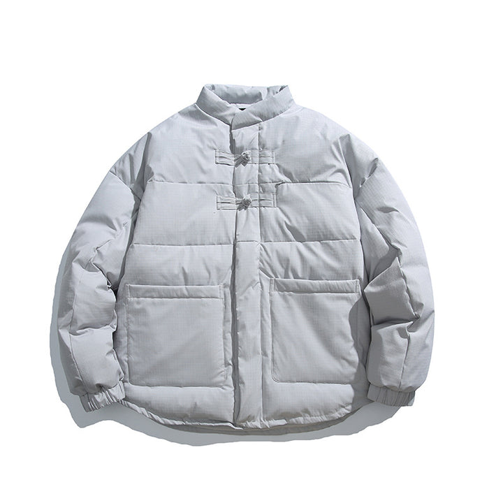 Unisex Boxy wattierte Stehkragenjacke mit chinesischen Knebelverschlüssen und großen Fronttaschen Drune
