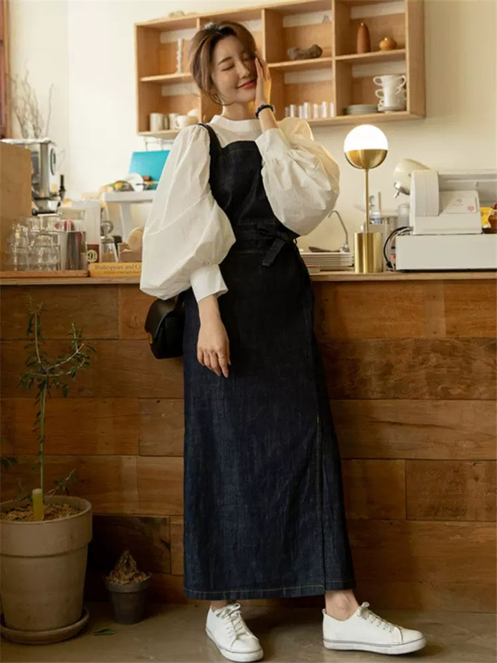 Damen Langes Jeans-Latzkleid mit eckigem Ausschnitt, Taillenband und vorderem Beinschlitz Drune