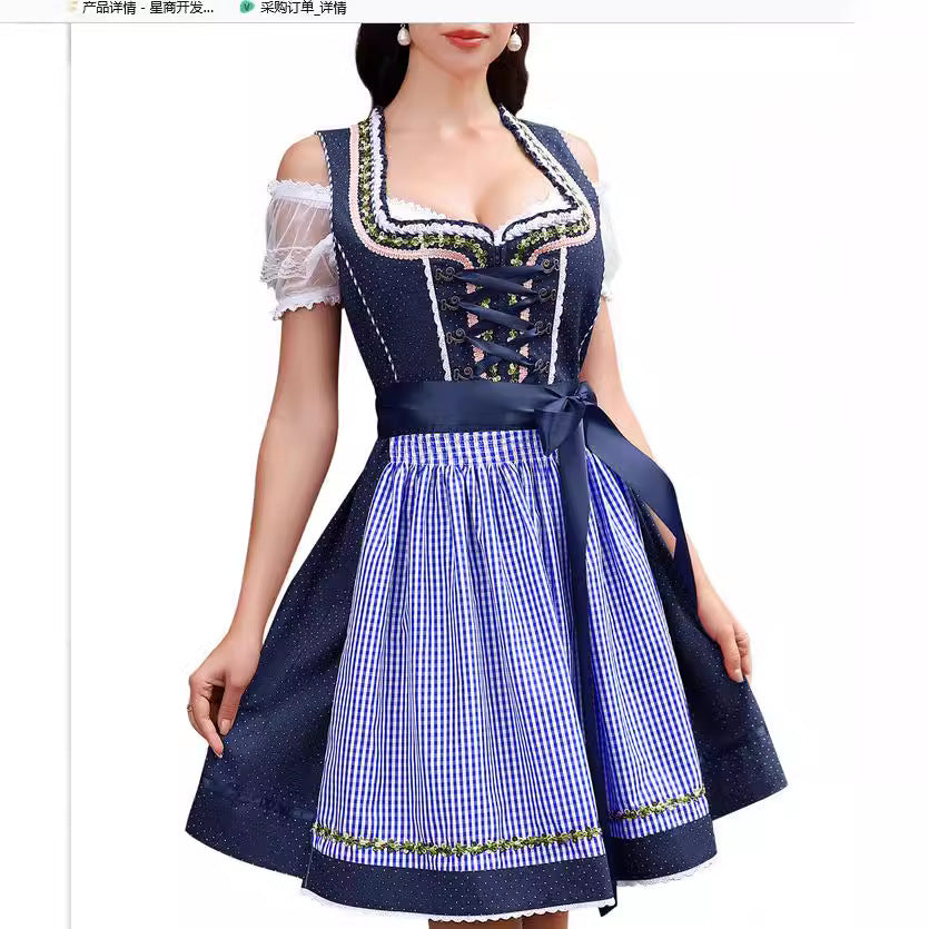 Damen  traditionelles Dirndlkleid mit Spitzenärmeln Miederkorsage und geraffter Schürze Drune