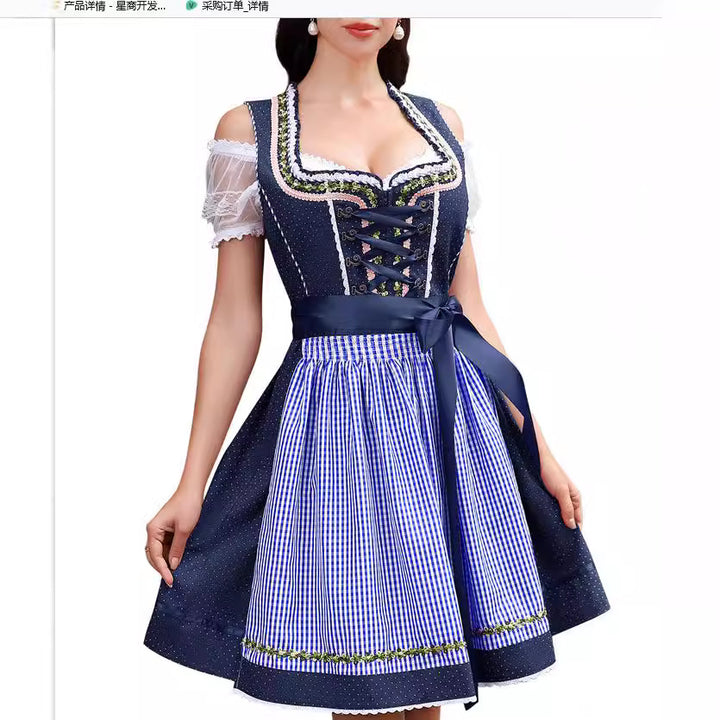 Damen  traditionelles Dirndlkleid mit Spitzenärmeln Miederkorsage und geraffter Schürze Drune