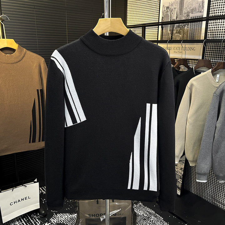 Herren Feinstrick-Pullover mit kurzem Stehkragen und geometrischem Intarsia-Design Drune