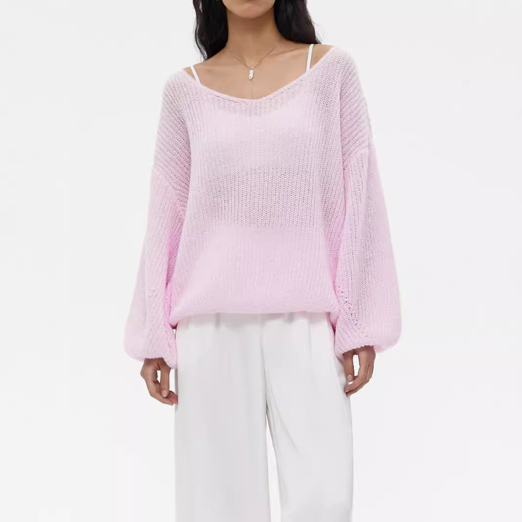 Damen lässiger Strickpullover mit tiefem V-Ausschnitt und voluminösen Ärmeln Drune
