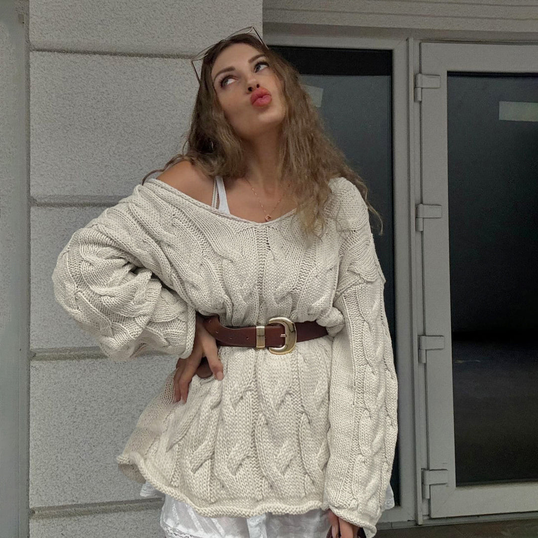 Damen nan lässiger Oversize-Strickpullover mit Zopfmuster und weitem V-Ausschnitt Drune