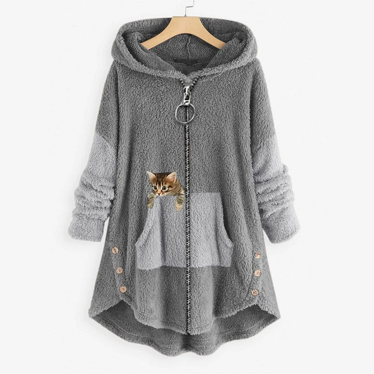Drune | Lange Jacke Übergroß Schnitt Weicher Fleece Look Kängurutasche High Low Saum