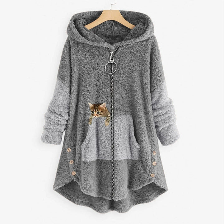 Drune | Lange Jacke Übergroß Schnitt Weicher Fleece Look Kängurutasche High Low Saum