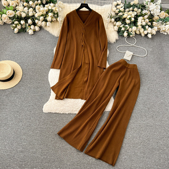 Damen elegantes Strickanzug mit V-Ausschnitt und weitem Bein Drune