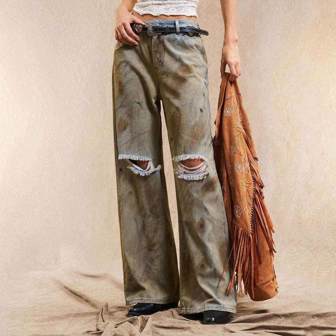 Damen Weit geschnittene Jeanshose mit distressed Details Drune