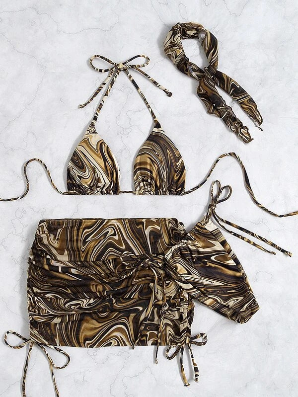 Damen Dreiteiliges Badeset mit marbled Muster Drune
