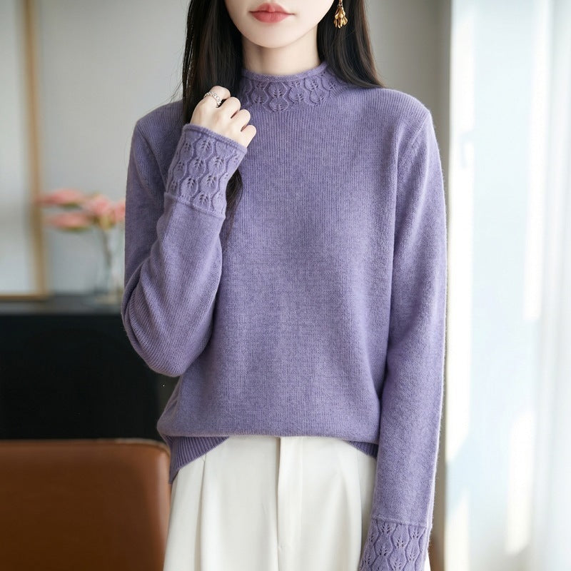 Damen Mockneck-Feinstrickpullover mit Ajour-Detail an Kragen und Bündchen Drune