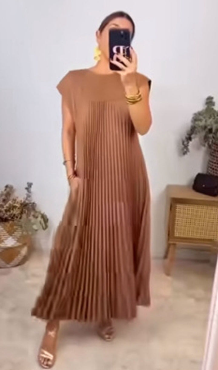 Damen nan fließendes plissiertes Maxikleid mit überschnittenen Schultern und Eingrifftaschen Drune
