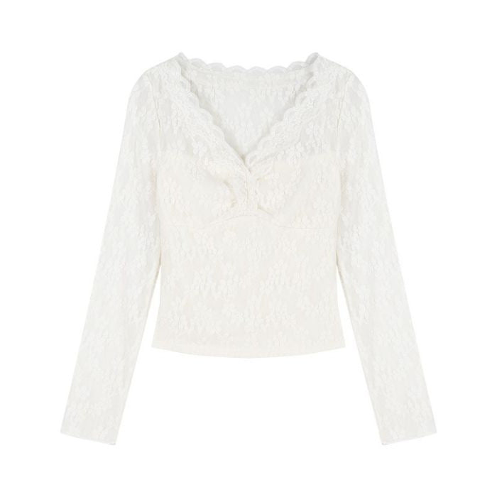 Damen Spitzenbluse mit V-Ausschnitt und Rüschendetails Drune