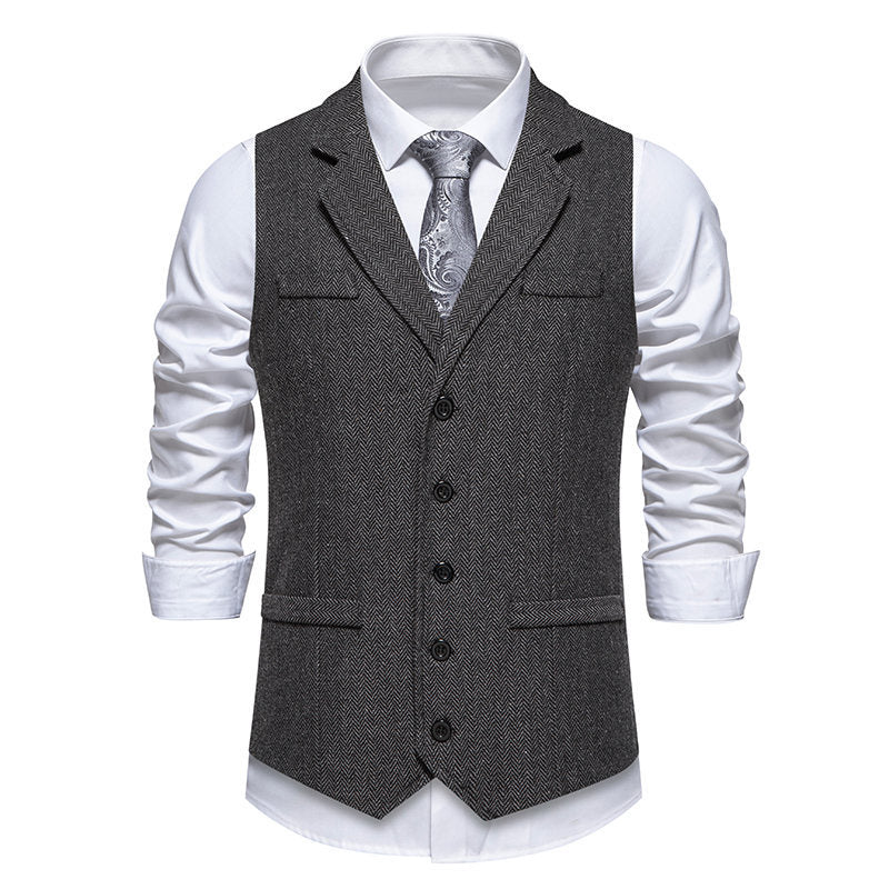 Herren Tweed-Weste mit Fischgrätmuster, Reverskragen und Pattentaschen Drune