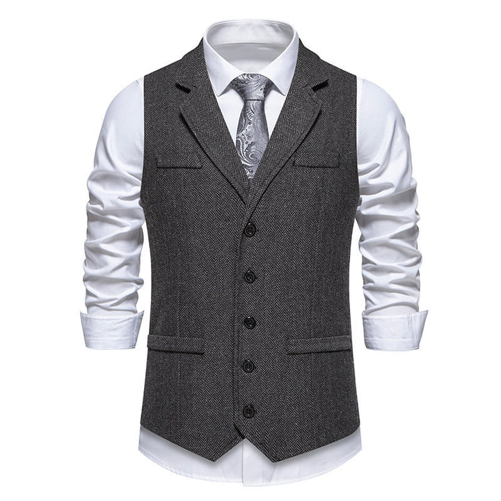 Herren Tweed-Weste mit Fischgrätmuster, Reverskragen und Pattentaschen Drune