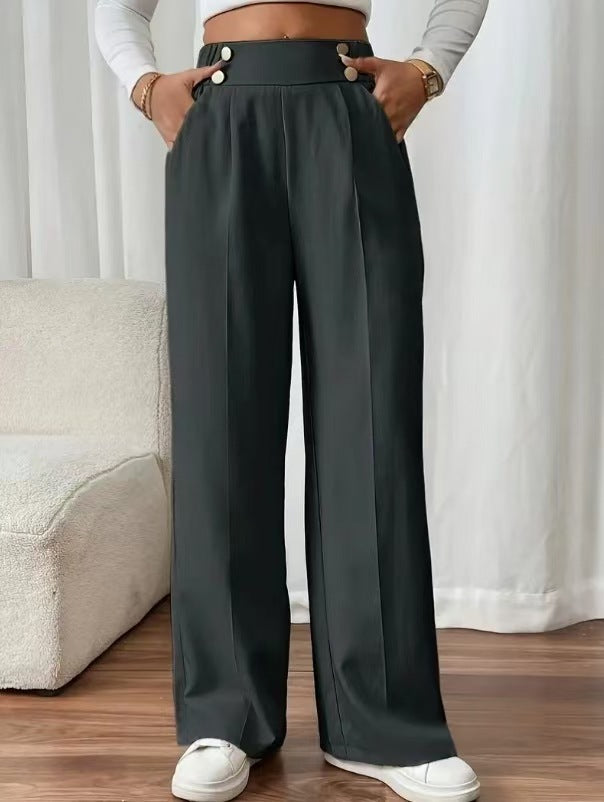 Damen elegante Hochbundhose mit seitlichen Knopfdetails und weitem Bein Drune