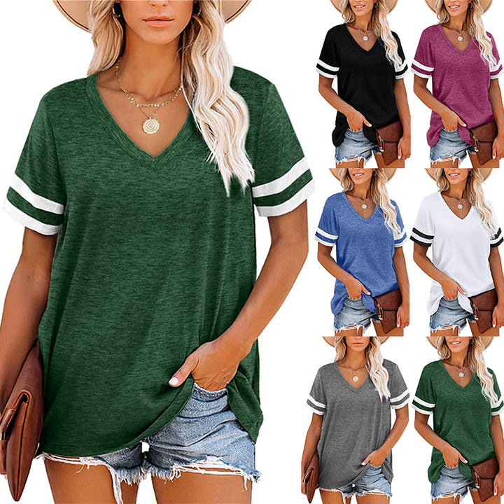 Damen V-Ausschnitt T-Shirt mit sportlichem Streifenmuster und lockerem Schnitt Drune