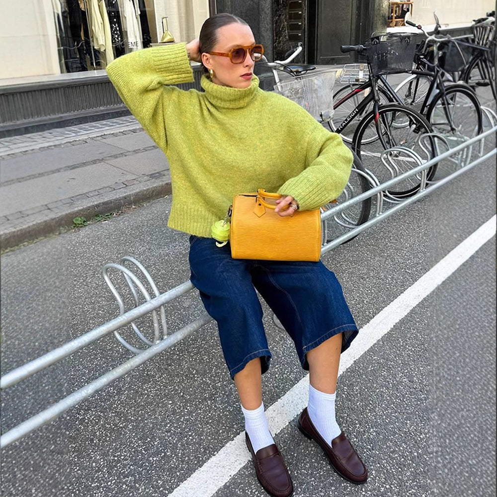 Damen gemütlicher Strickpullover mit hohem Kragen und überschnittenen Schultern Drune