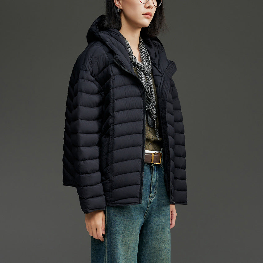 Damen Ultraleichte gesteppte Daunenjacke mit Kapuze und winddichter Außenhülle Drune