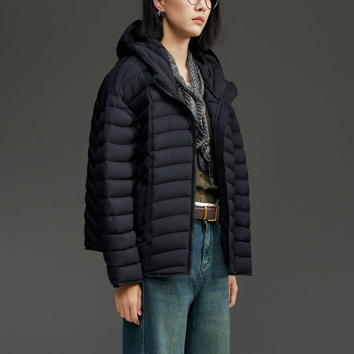Damen Ultraleichte gesteppte Daunenjacke mit Kapuze und winddichter Außenhülle Drune