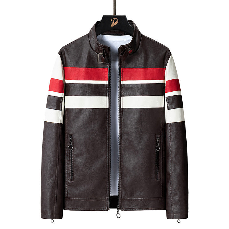 Herren Retro‑Racer Kunstlederblouson mit Stehkragen, kontrastierenden Streifen und Zwei‑Wege‑Reißverschluss Drune