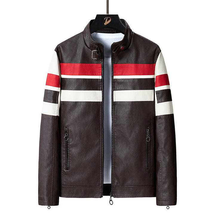 Herren Retro‑Racer Kunstlederblouson mit Stehkragen, kontrastierenden Streifen und Zwei‑Wege‑Reißverschluss Drune