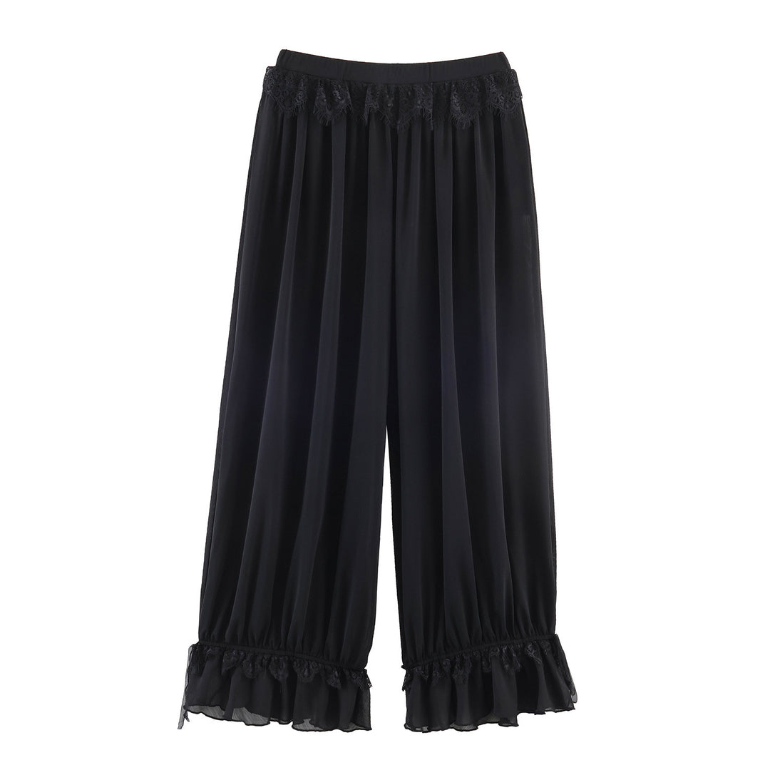 Damen Plissee-Party-Hose mit Spitzenbesatz und elastischem Bund Drune