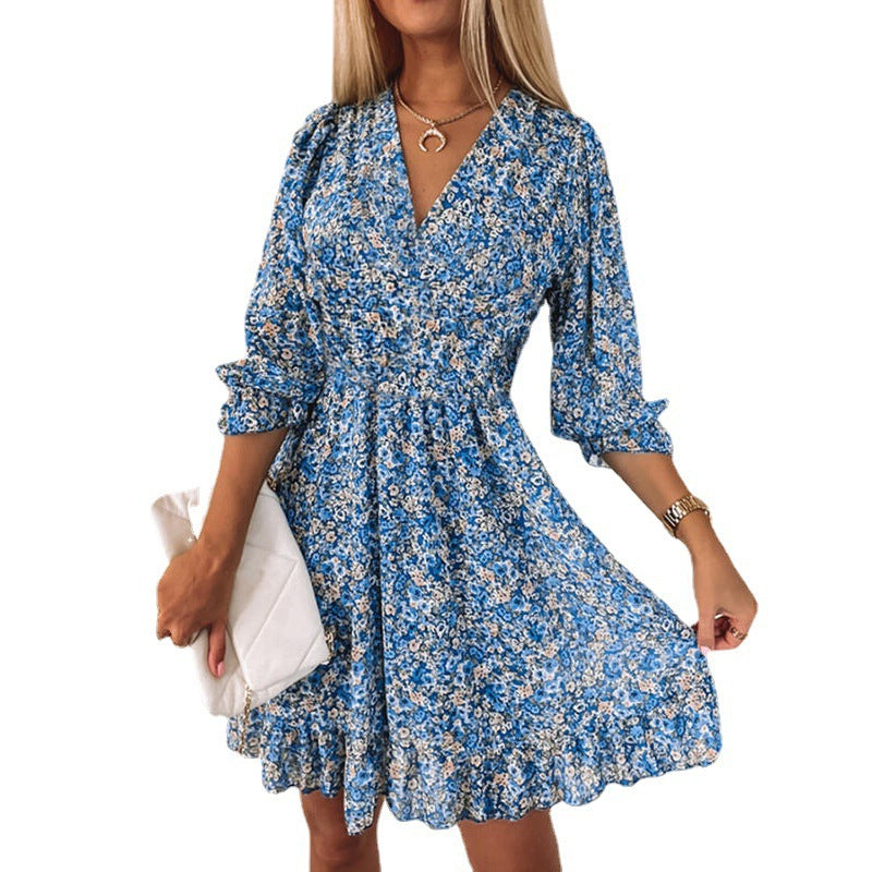 Damen Leichtes Blumen-Minikleid mit V-Ausschnitt, geraffter Taille und Volantbesatz Drune