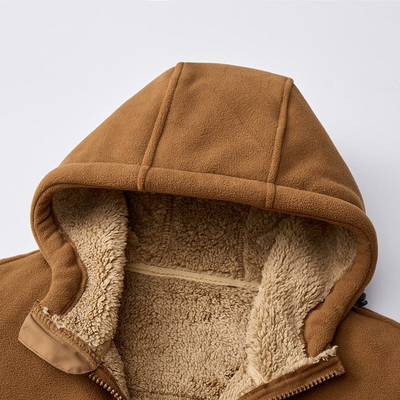Herren Gefütterte Teddy-Fleece-Kapuzenjacke mit Zwei-Wege-Reißverschluss & Reißverschlusstaschen Drune