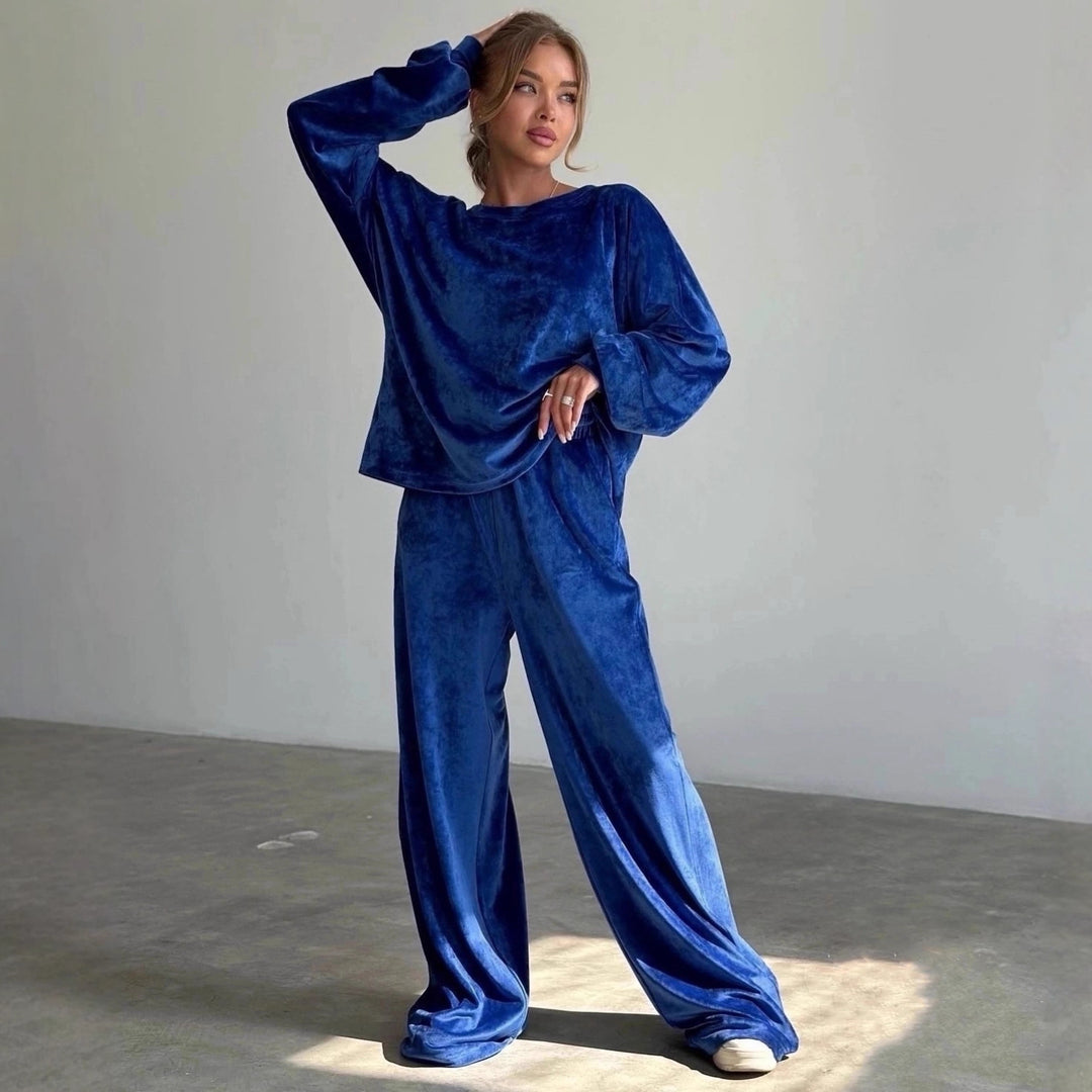 Damen luxuriöses Samt-Relax-Set mit Oversize-Crewneck und hochgeschnittener Gummibund-Jogger Drune