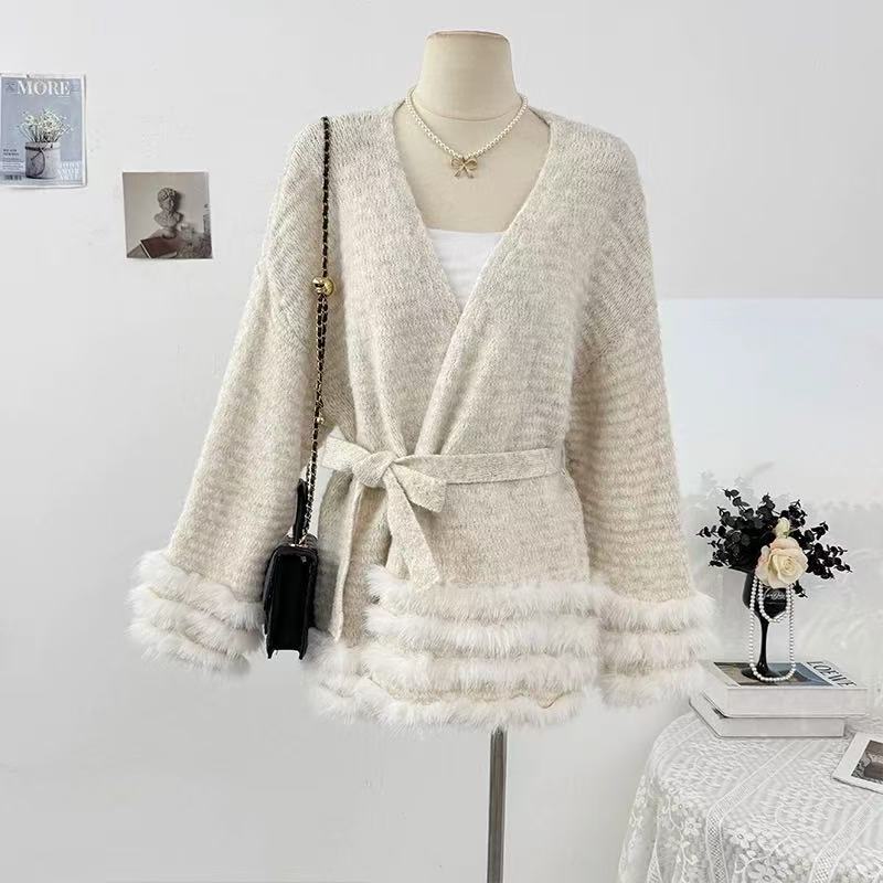 Damen Flauschiger Cardigan mit Kunstfellkragen Drune
