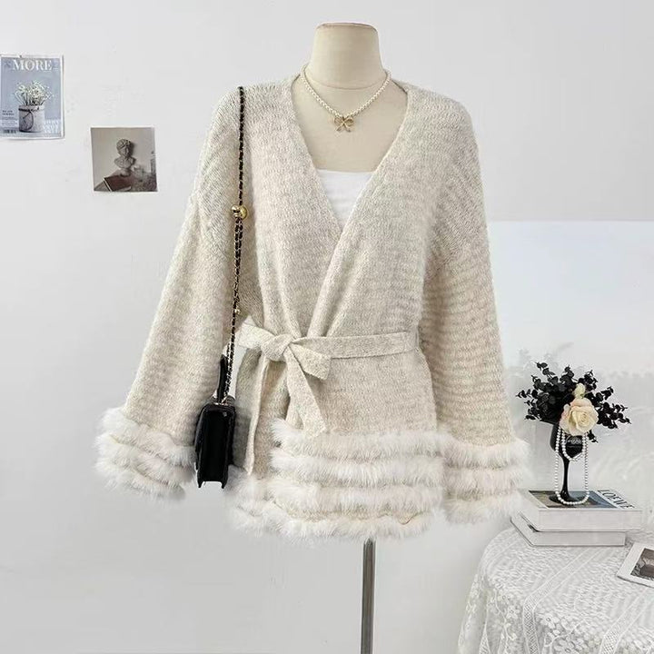 Damen Flauschiger Cardigan mit Kunstfellkragen Drune