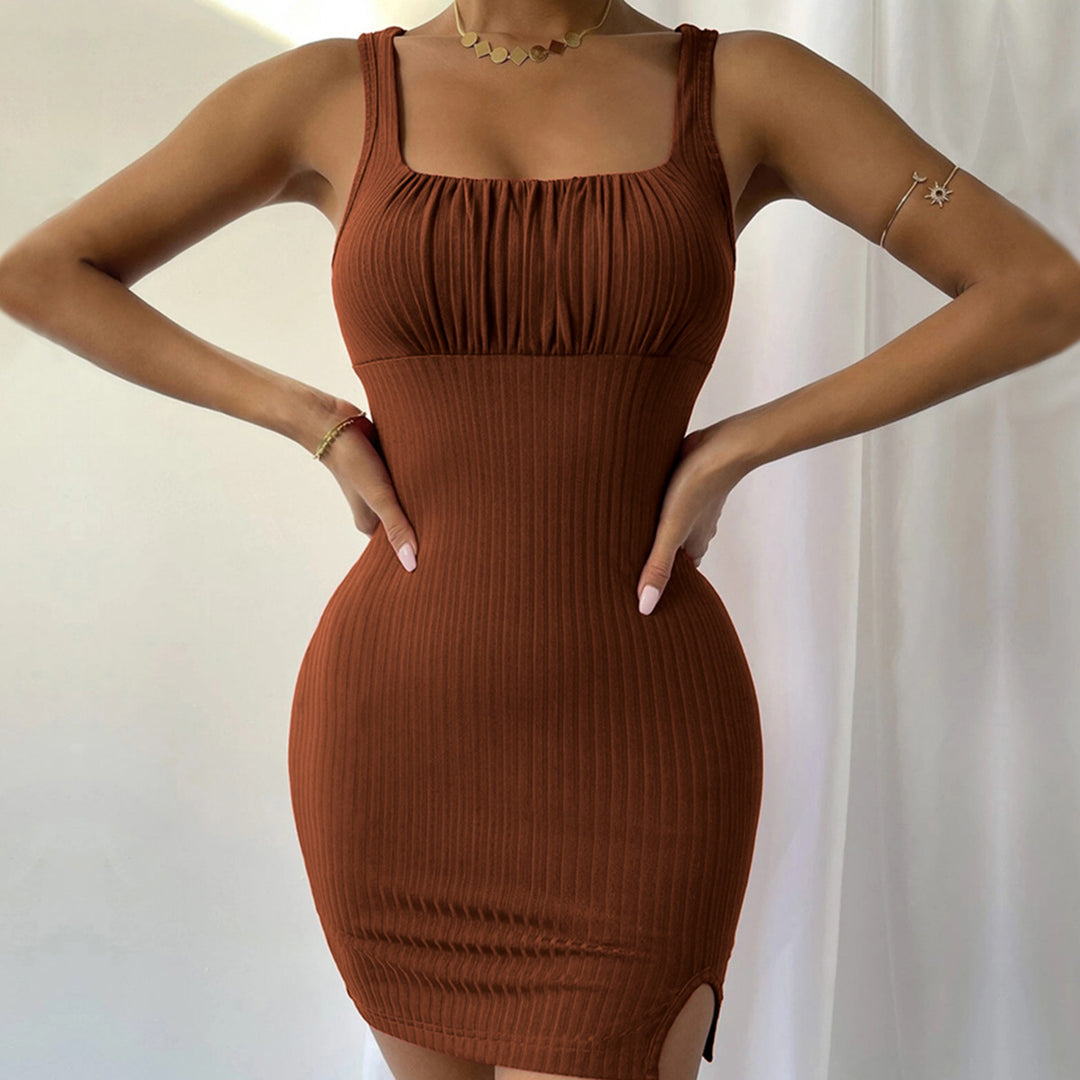Damen figurbetontes Rippkleid mit quadratischem Ausschnitt und hohem Schlitz Drune